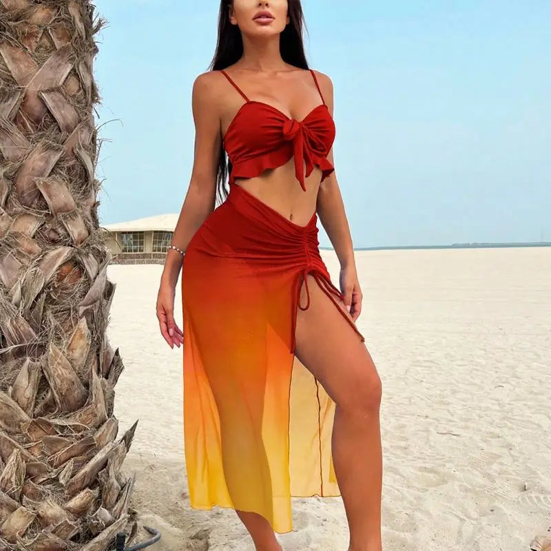 Cikini Sexy Gradient Color Three Piece Swimsuit Mesh Bikinis Set Summer Beach Swimwear Bathing Suit For Women - Sun Studio