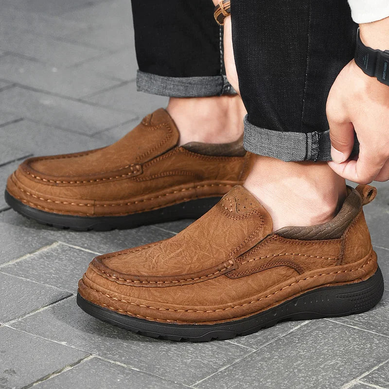 Genuine Leather Mens Loafers Anti-slip Rubber Man Casual Shoes Vintage Style Walk Shoes Slip-On Hiking Footwear Luxury Moccasins - Sun Studio