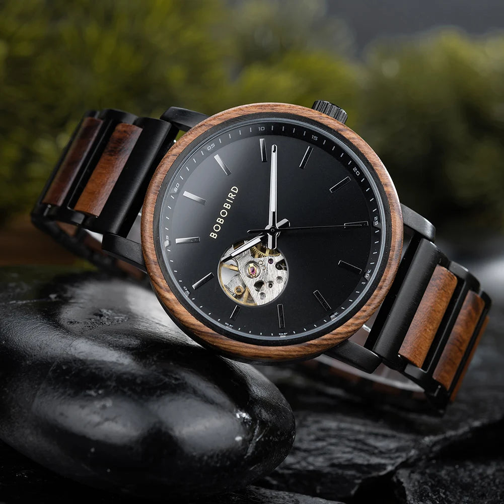 BOBO BIRD New Mechanical Watches for Men Luxury Wood and Stainless Steel Skeleton Customized Automatic Watch relojes mecánicos - Sun Studio