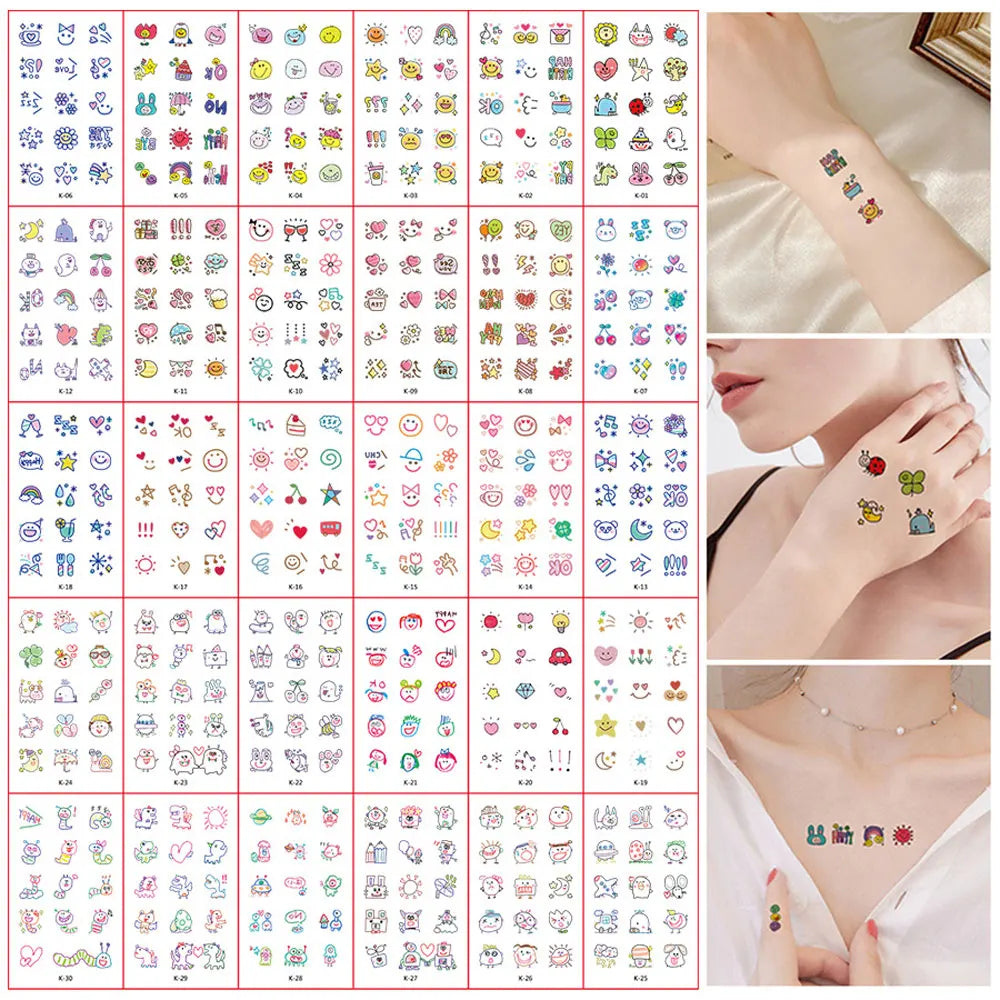 30 Sheets Cute Cartoon Temporary Tattoos for Hands Waterproof Tattoo Stickers Rainbow Fruit Moon Fake Finger Tattoo - Sun Studio