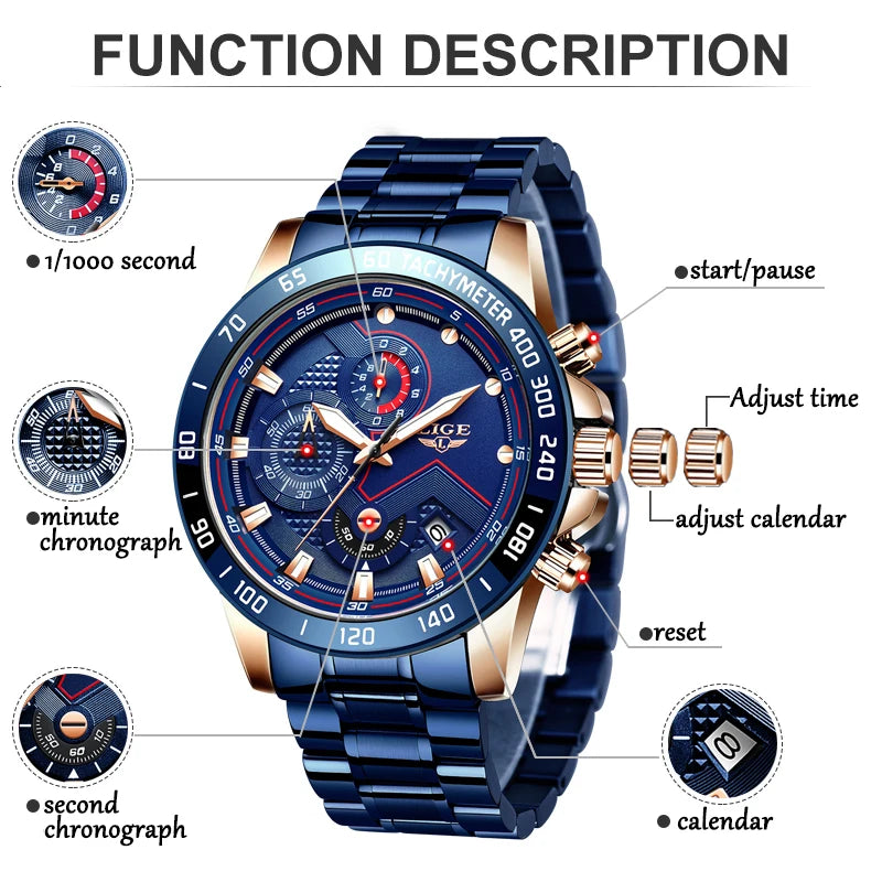 LIGE Business Men Watch Luxury Brand Stainless Steel Wrist Watch Chronograph Army Military Quartz Watches Relogio Masculino+BOX - Sun Studio