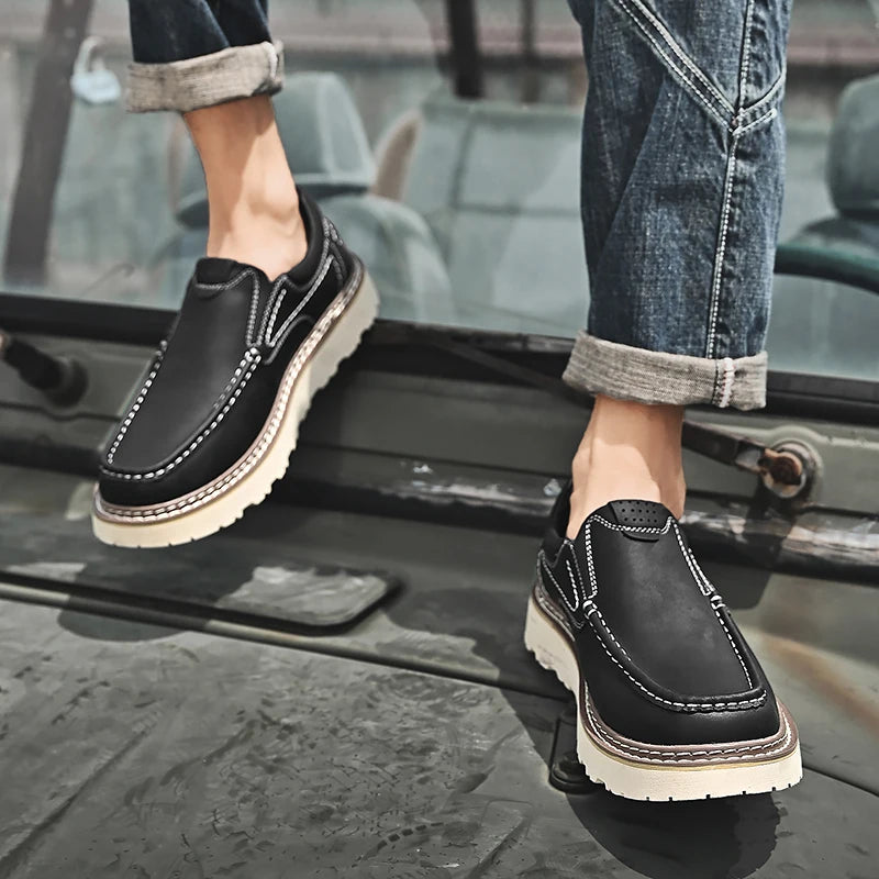 Trendy New Style Men's Genuine Leather Shoes Thick Soled Tooling Shoes Men's Oxford Shoes Lace Up Business Shoes Outdoor Loafers