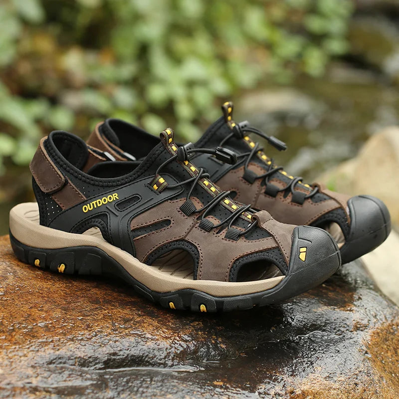 Men's Sandals Top Cowhide Upper Hollow Out Round Toe Outdoor Beach Walking Non Slip Durable Summer Beach Shoes Adjustable Buckle - Sun Studio
