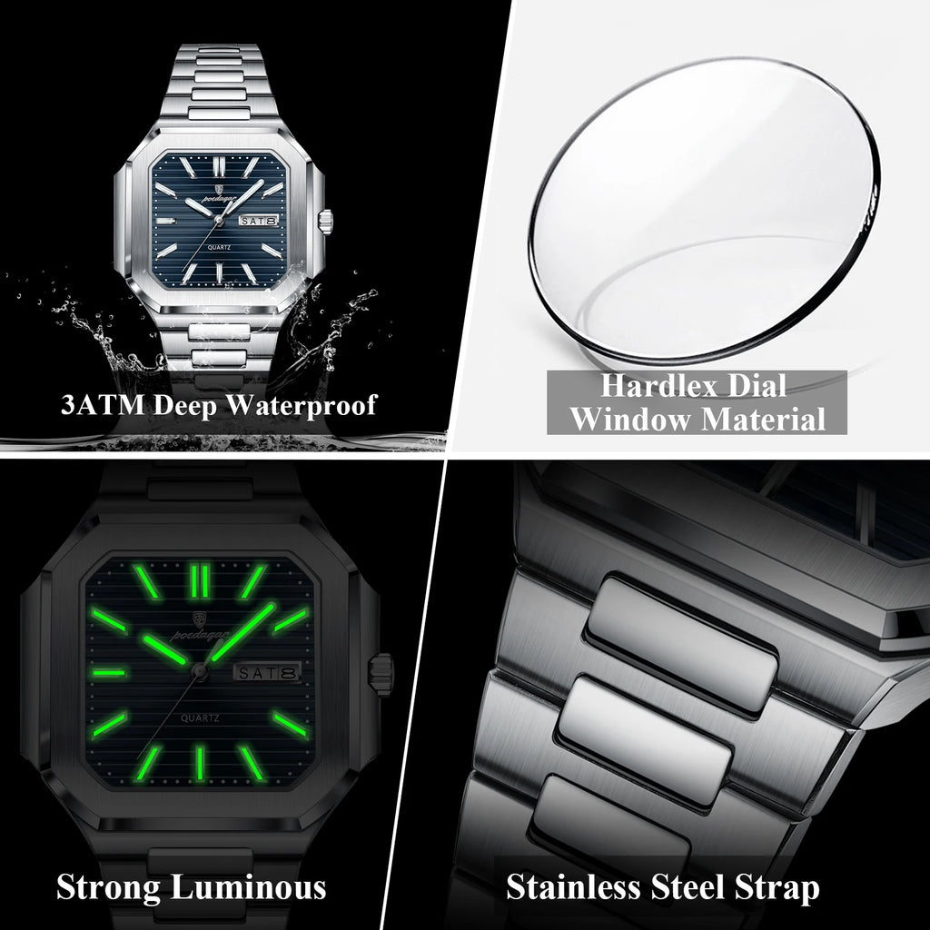 POEDAGAR Square Fashion Man Wristwatch Waterproof Luminous Date Week Quartz Men's Watches Stainless Steel Luxury Men Watch Reloj - Sun Studio