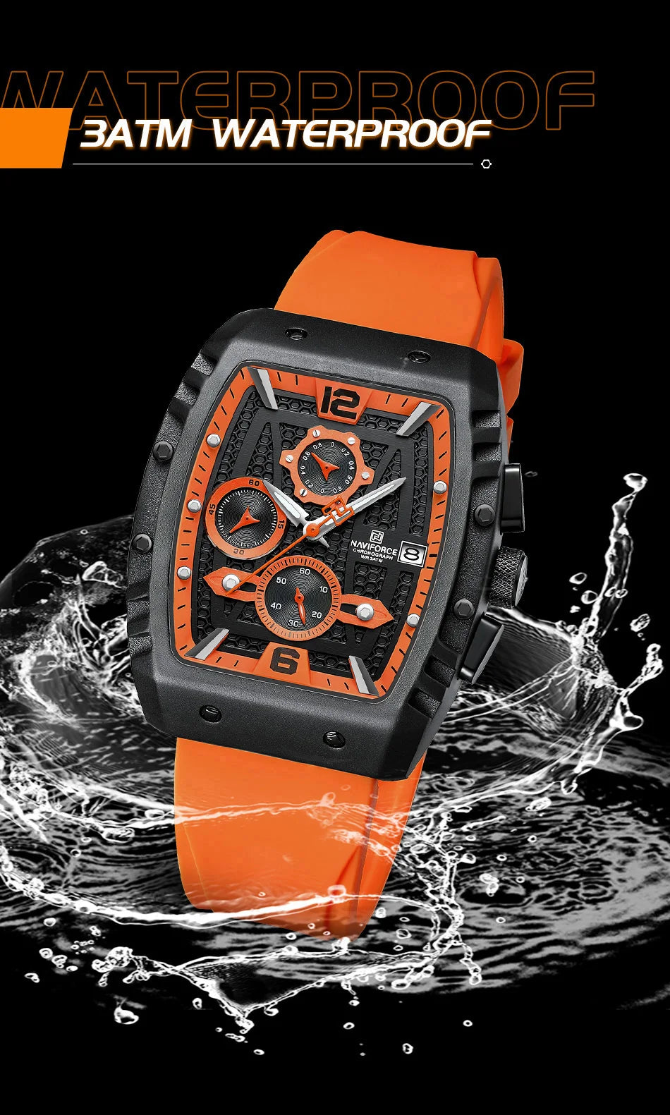 NAVIFORCE Creative Barrel-Shaped Dial Men Watches Fumed Silica Strap Waterproof Quartz Chronograph Date Display Male Wrist Watch - Sun Studio