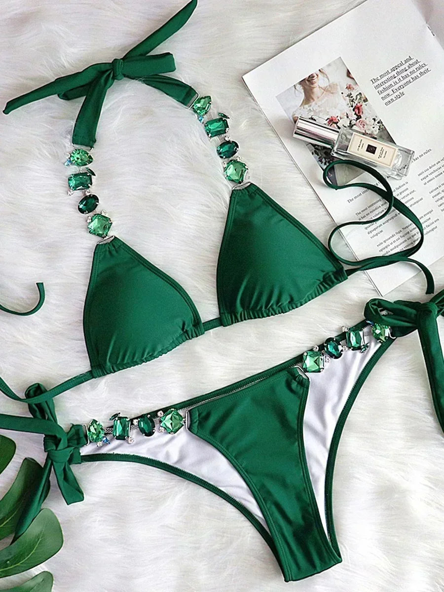 Halter Rhinestone Diamond Bikini Women Swimsuit Female Bikinis Metal Chain Swimwear Two Pieces Bikini Set Bathing Suit Swim Lady