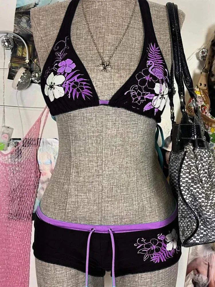 Vintage Flower print Cutie set Bikini 2000s Swimsuit Sexy Women Bathing Fashion Halter Strap Swimwear High Street Beach Female - Sun Studio