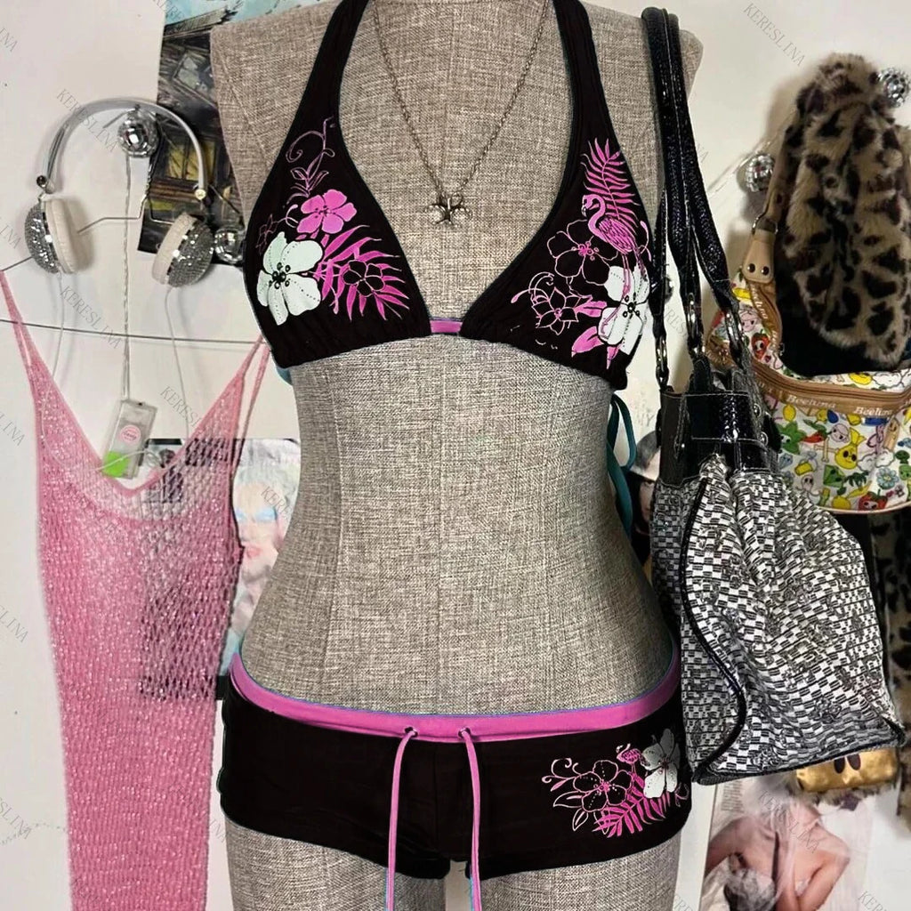 Y2k Vintage Flower print Cutie 2 set Bikini Swimsuit Sexy Women Bathing Fashion Halter Strap Swimwear High Street Beach Female - Sun Studio