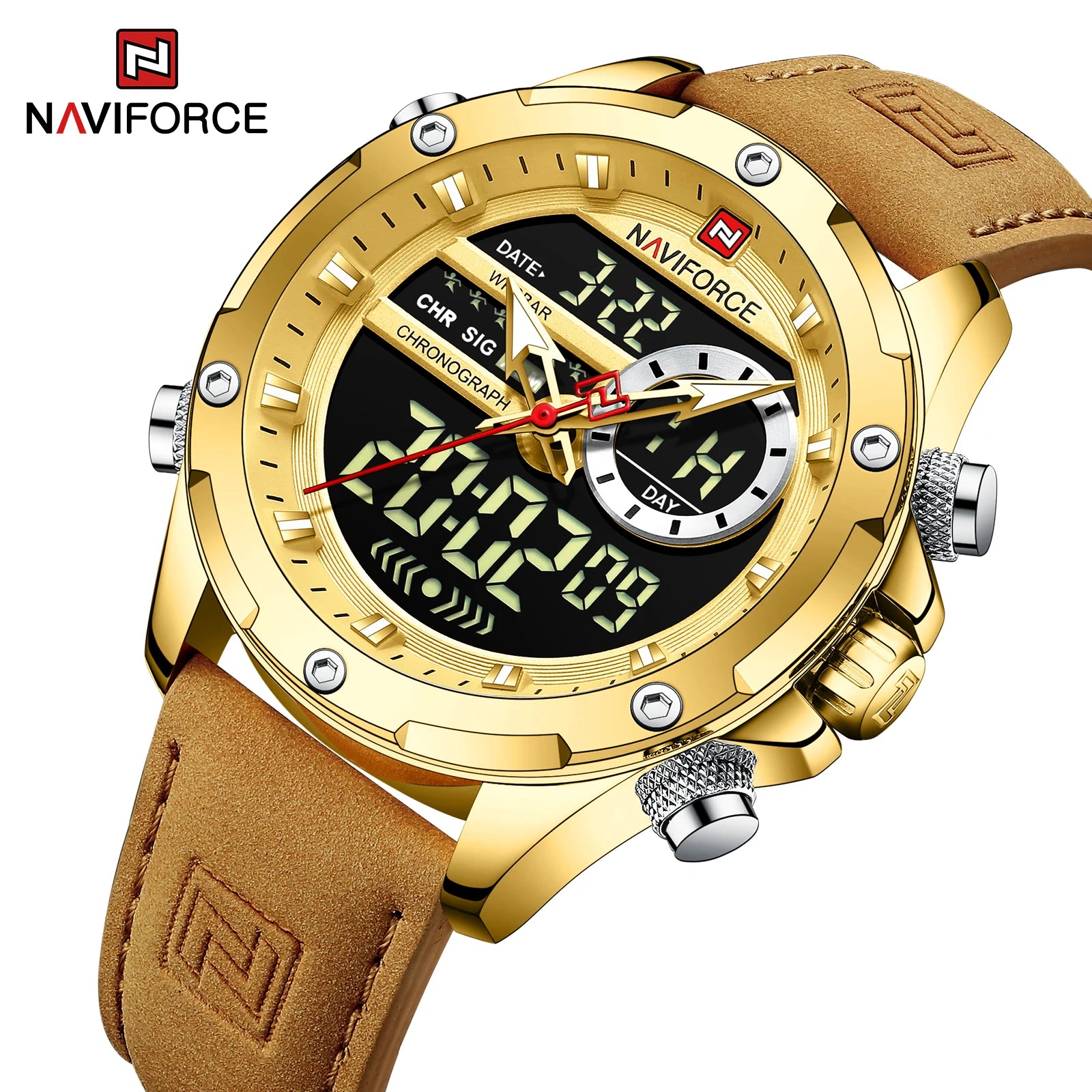 NAVIFORCE Luxury Original Watches For Men Casual Sport Chronograph Alarm Quartz WristWatch Leather Waterproof Digital Clock 9163 - Sun Studio