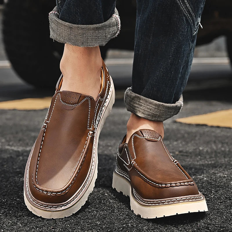 Trendy New Style Men's Genuine Leather Shoes Thick Soled Tooling Shoes Men's Oxford Shoes Lace Up Business Shoes Outdoor Loafers - Sun Studio