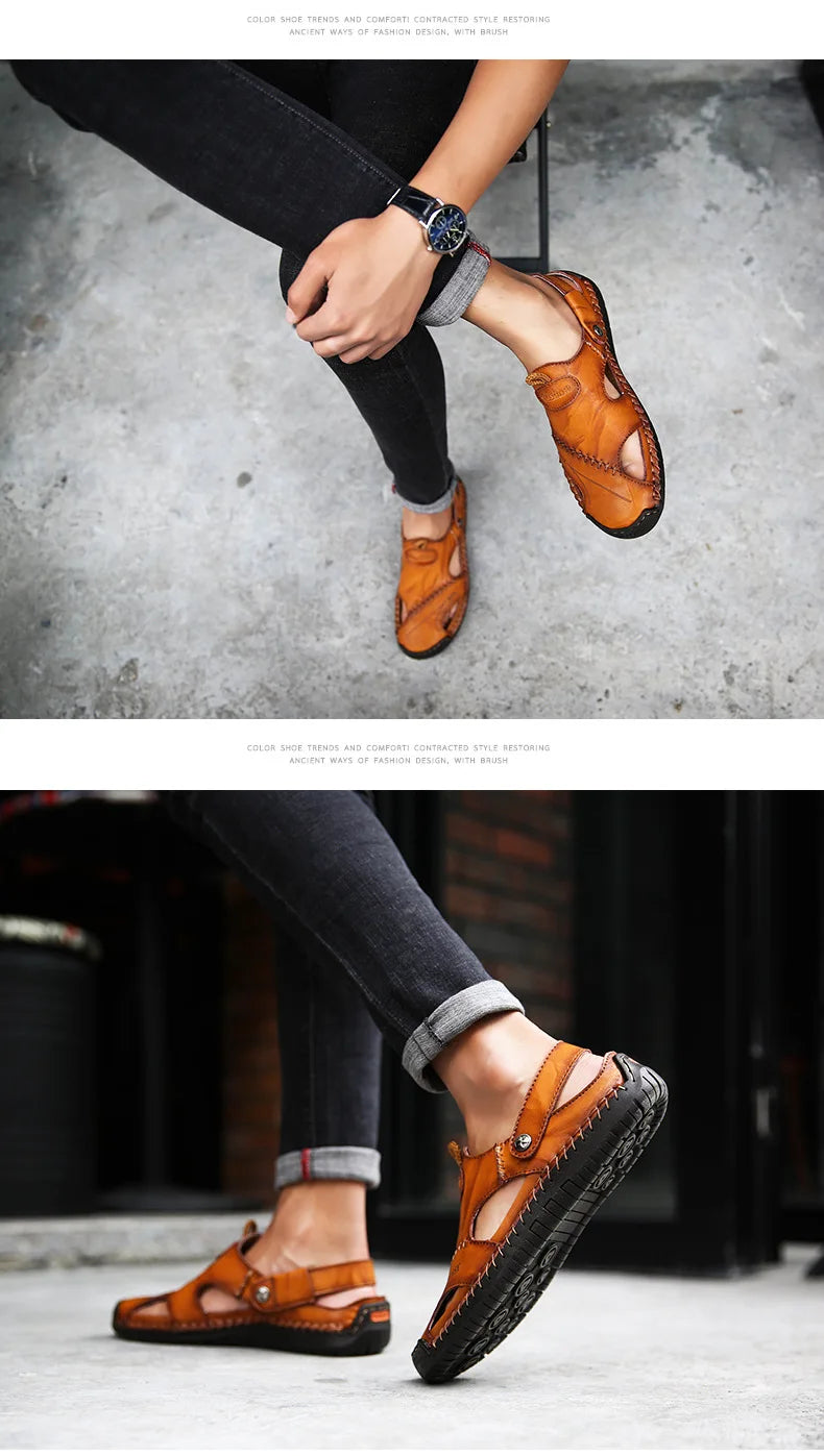 Large Size Men's Sandals Casual Leather Beach Shoes Breathable Slip-On Durable Stitched Construction Comfortable Walking Sandals - Sun Studio