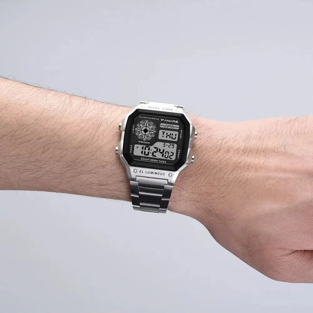 PANARS Top Luxury Stainless Steel Strap Sport Watches Mens Waterproof Back Light Digital Wristwatch Male Alarm - Sun Studio