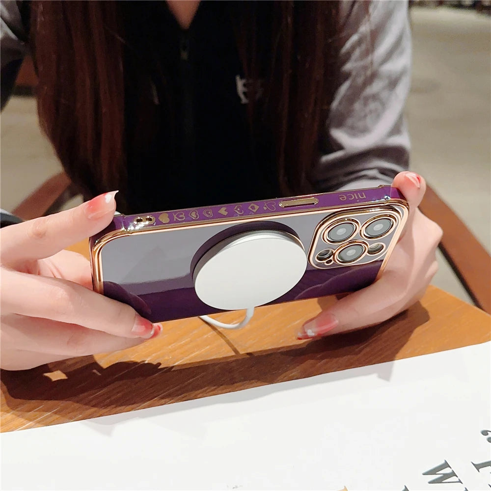 For iPhone 15 Pro Max Luxury Magsafe Magnetic Cute Plating Frame Phone Case For iPhone 11 12 13 14 15 16 Plus 17 Air Back Cover - Sun Studio