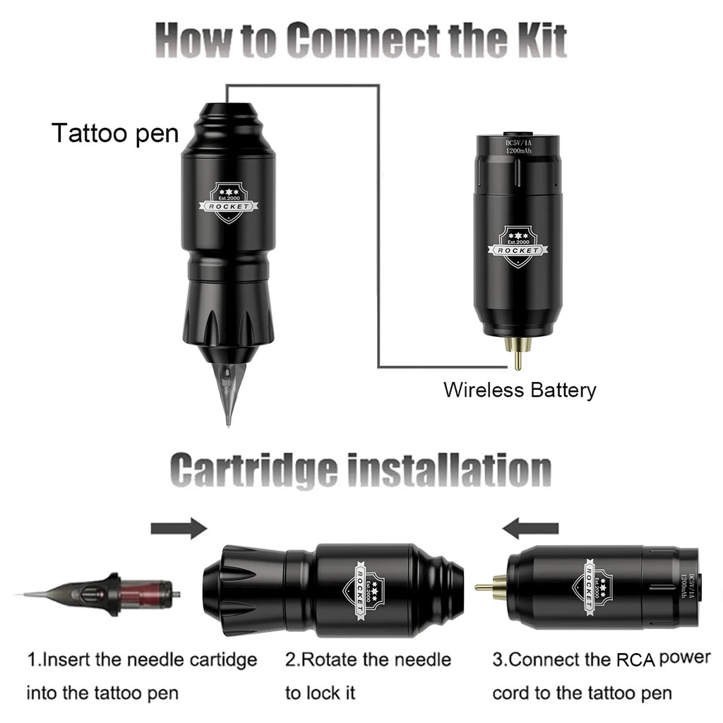 1set, DM Wireless Tattoo Kit ,Complete Mini Rocket Machine Battery Cartridge Needles Power Supply Inks Rotary Tattoo Pen Set - Sun Studio