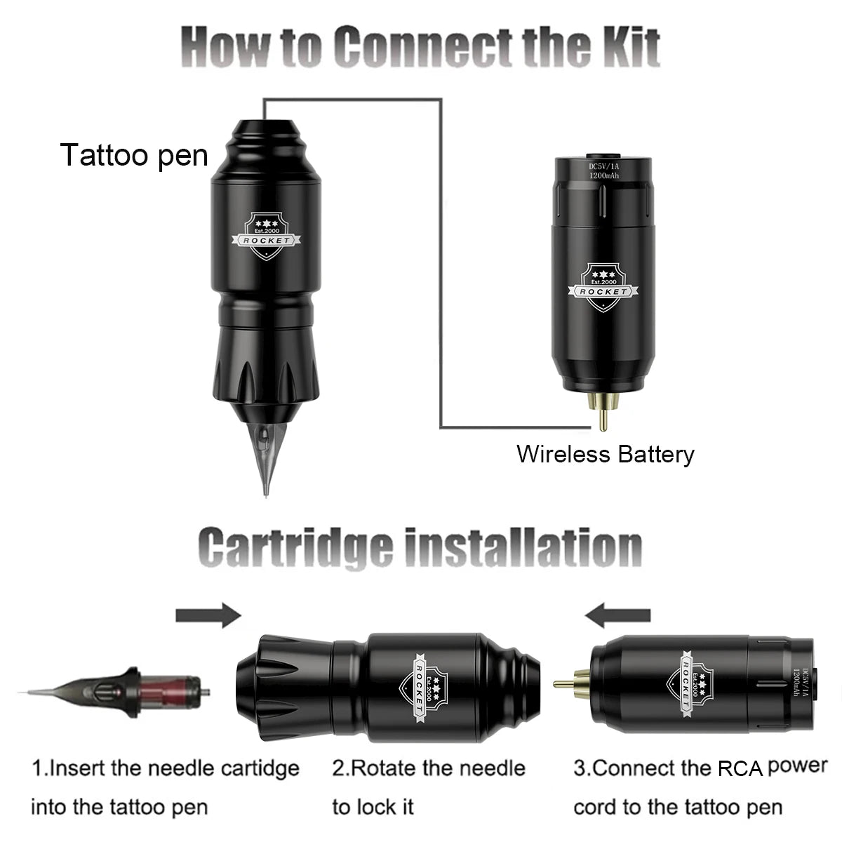 1set, DM Wireless Tattoo Kit ,Complete Mini Rocket Machine Battery Cartridge Needles Power Supply Inks Rotary Tattoo Pen Set - Sun Studio