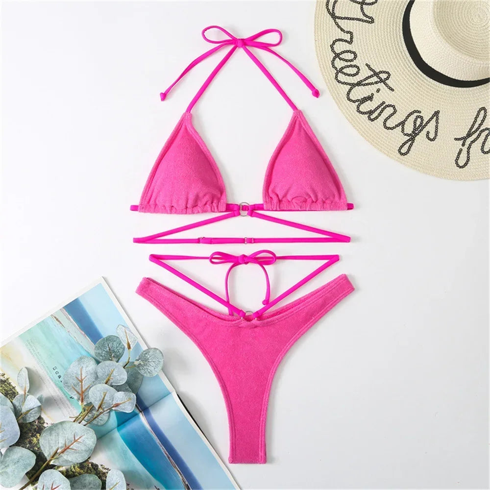 Micro String Extrem Bikini Orange Y2K Triangle Backless Swimsuit Toweling Rings Vacation Swimwear Women Push Up Beach Bath Suits - Sun Studio