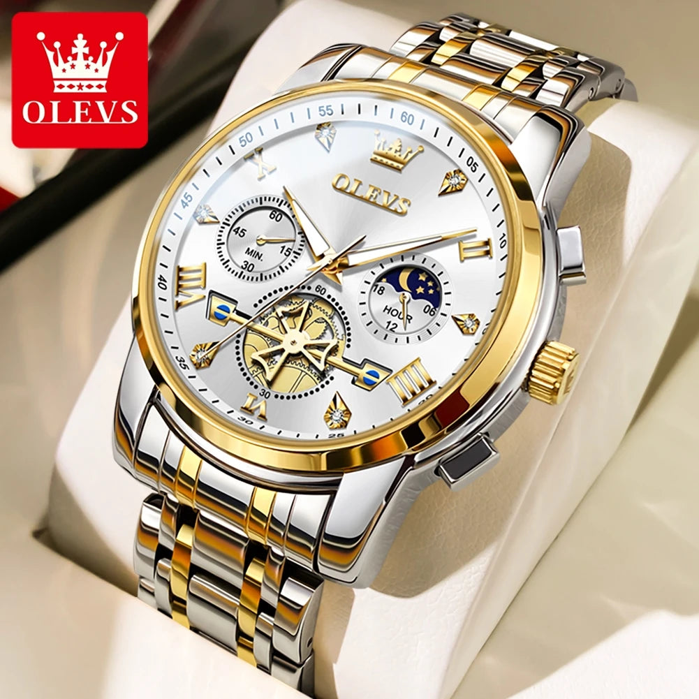 OLEVS Men's Watches Classic Multifunctional Flywheel Design Stainless steel Waterproof Moon Phase Men's Wristwatches 2024 Trend - Sun Studio