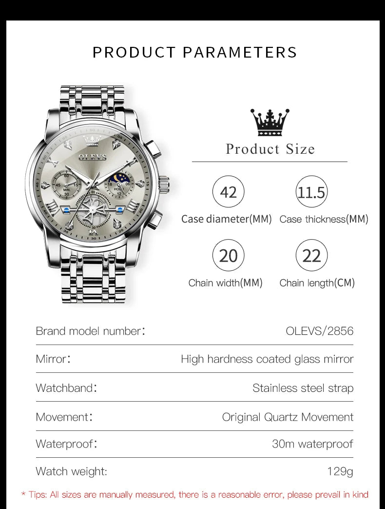 OLEVS Men's Watches Classic Multifunctional Flywheel Design Stainless steel Waterproof Moon Phase Men's Wristwatches 2024 Trend - Sun Studio