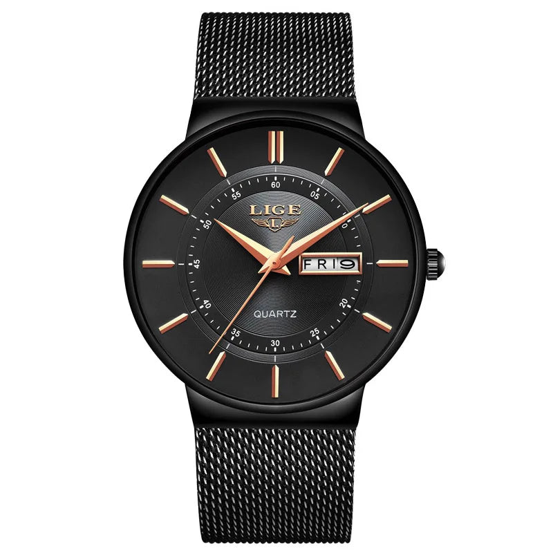 LIGE 2024 Montres de luxe pour hommes Étanche Ultra Mince Date Horloge Homme Bracelet en acier Montre à quartz décontractée Hommes Montre de sport Homme