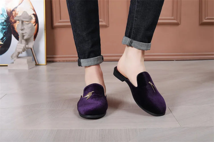 Fashion New Men Velvet Tassels Half Slippers Loafer Male Casual Purple Green Blue Black Mules Moccasins Breathable Driving Shoes - Sun Studio