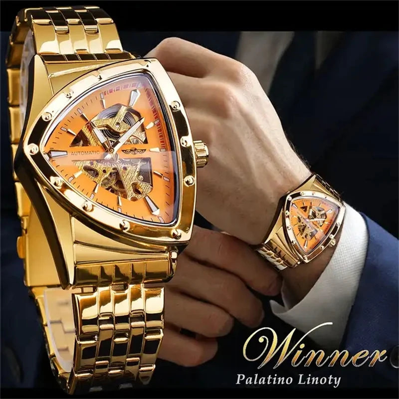 WINNER 395S Men's Mechanical Watch Fashion Business Gold Luxury Brand Waterproof Triangle Skeleton Men's Automatic Watches reloj - Sun Studio