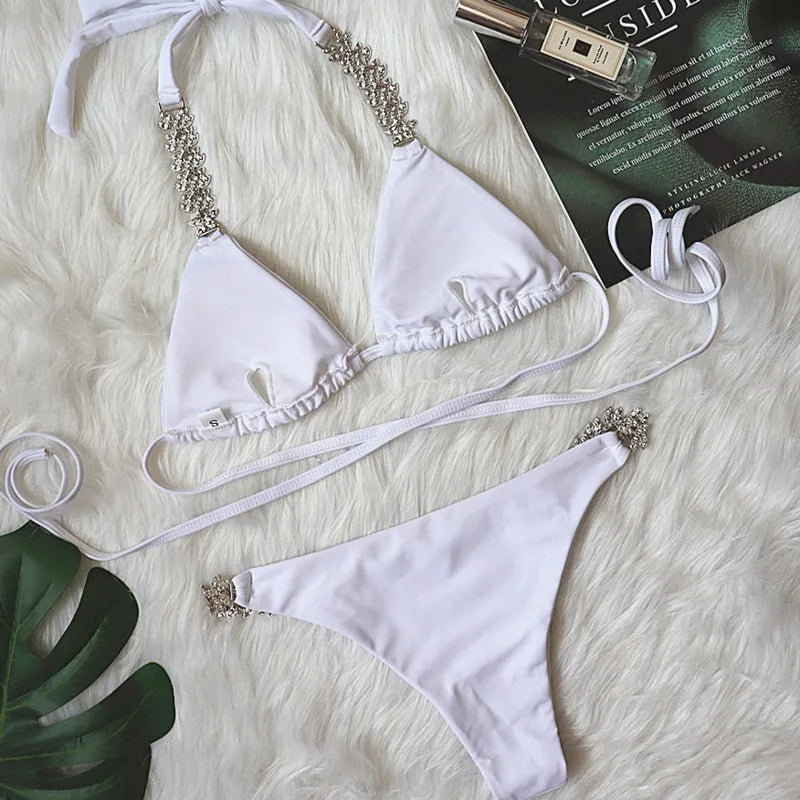White Sexy Bikinis Swimsuit With Rhinestones Women Swimwear Female Push Up Bikini Beach Swim Wear Bathing Suit Pool Bather 2025 - Sun Studio