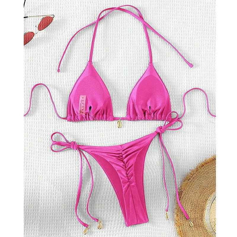 2 Pcs/Set Bikini Set Sexy Bikinis 2025 Bathing Suit Solid Color Halter Neck Strap Thong Women Swimsuit Set for Beach Swimwear - Sun Studio