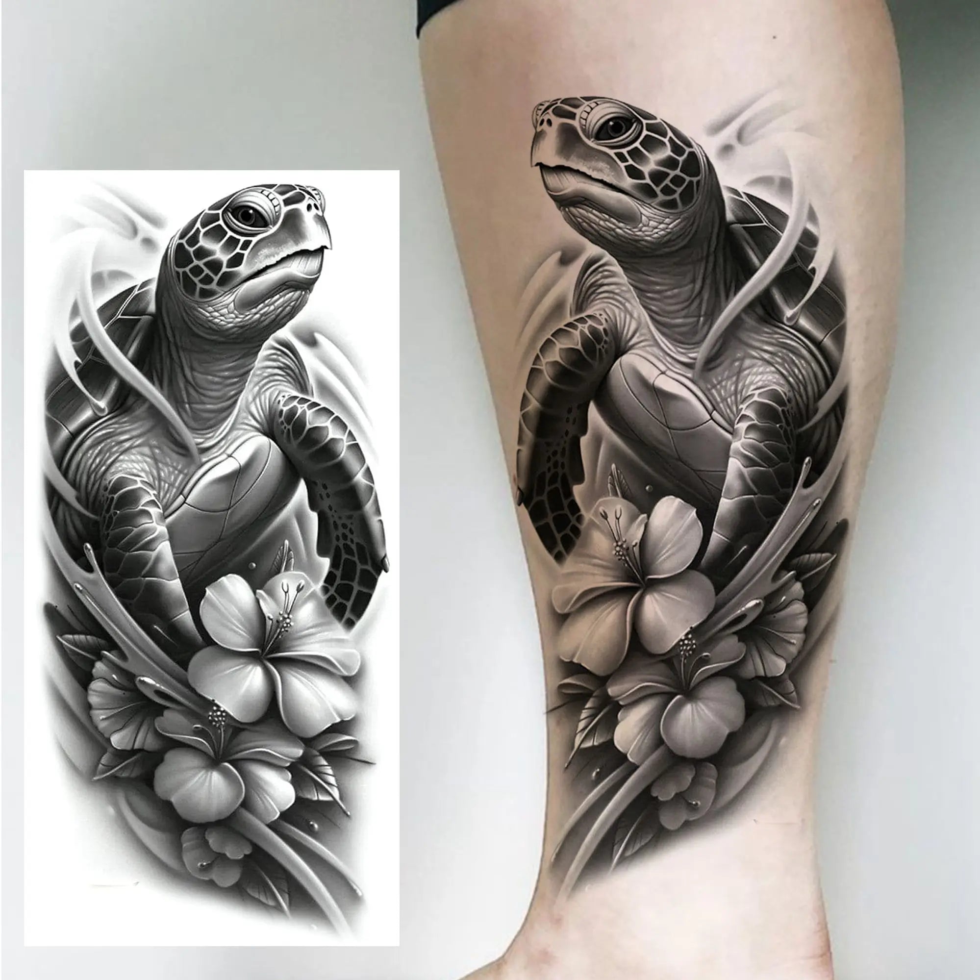 1 Sheet Beautiful Turtle With Flowers Temporary Tattoos Elephant Lion Tatoos Waterproof Realistic Animals Fake Tattoos Stickers - Sun Studio