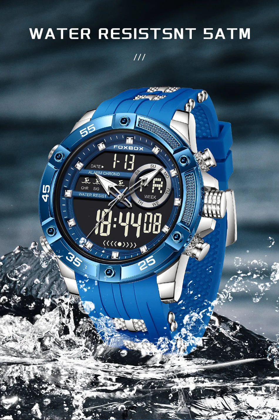 FOXBOX LED Dual Display Quartz Watch Soft Silicone Waterproof Luminous Digital Date Mens Watches Fashion Chronograph Man Watch - Sun Studio
