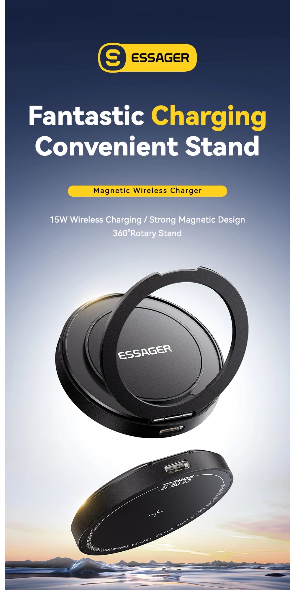 Essager Magnetic Wireless Charger With Holder 15W Fast Charging For iPhone16 15 14 13Pro Max Airpods Mini Wireless Phone Charger - Sun Studio