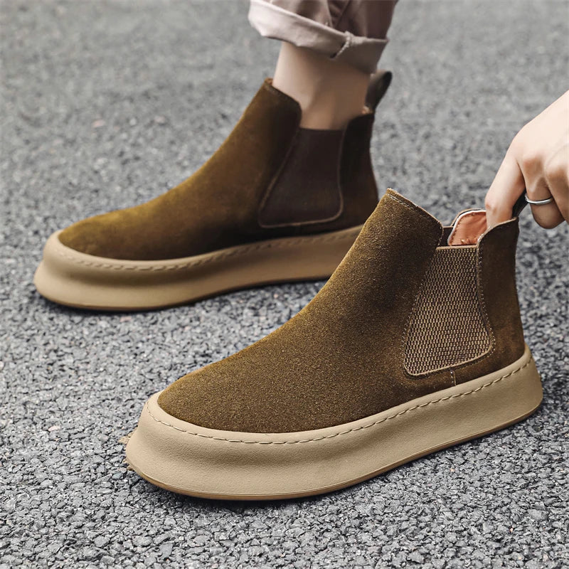 Fashion Brand Men Genuine Leather Mid Top Boots with British Style Autumn Winter Men Anti Slip and Wear-resistant Chelsea Boots