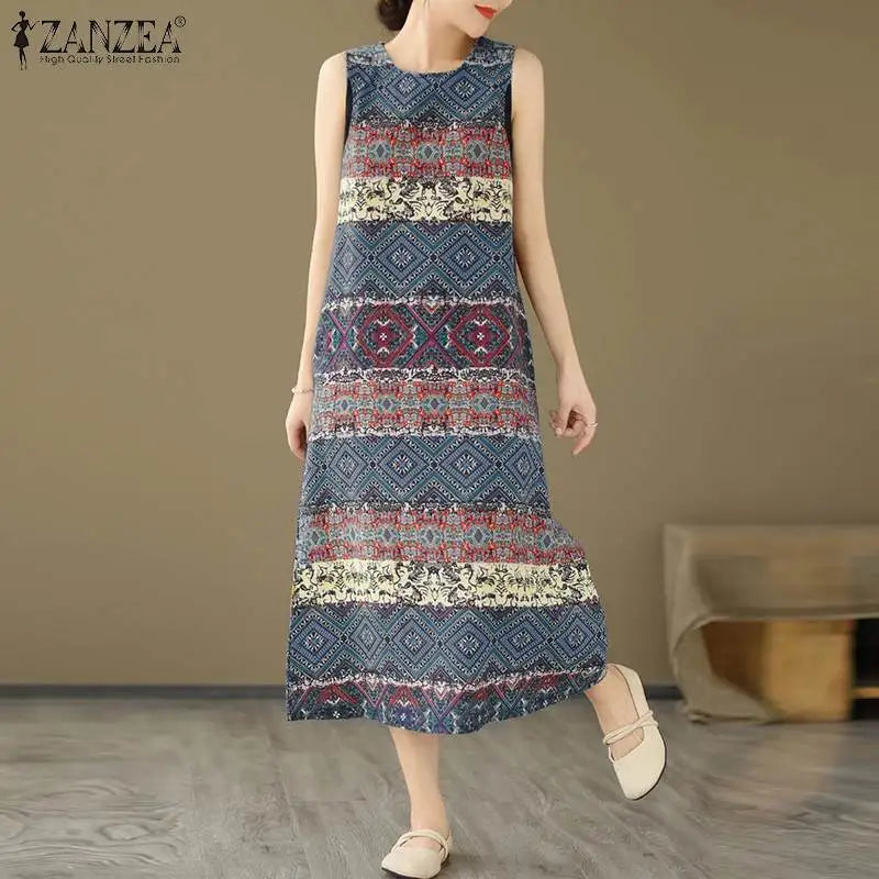 Women Bohemain Sleeveless Sundress ZANZEA Summer Printed Dress Vintage Beach Holiday Vestidos Casual O Neck Baggy Midi Dresses - Sun Studio