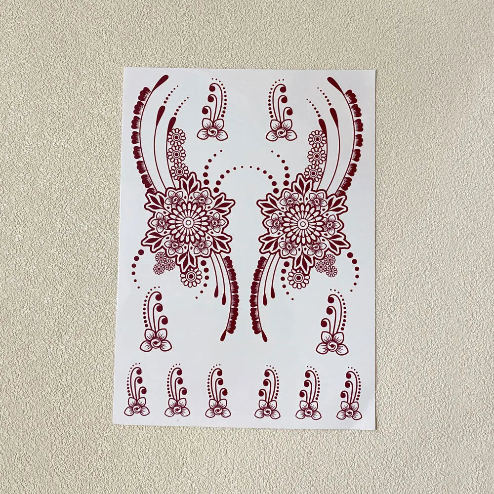 Waterproof Flower Hand Tattoo for Women Maroon Henna Tattoo Stickers for Hand Fingers Body Art Disposable Fake Tattoo Festival - Sun Studio