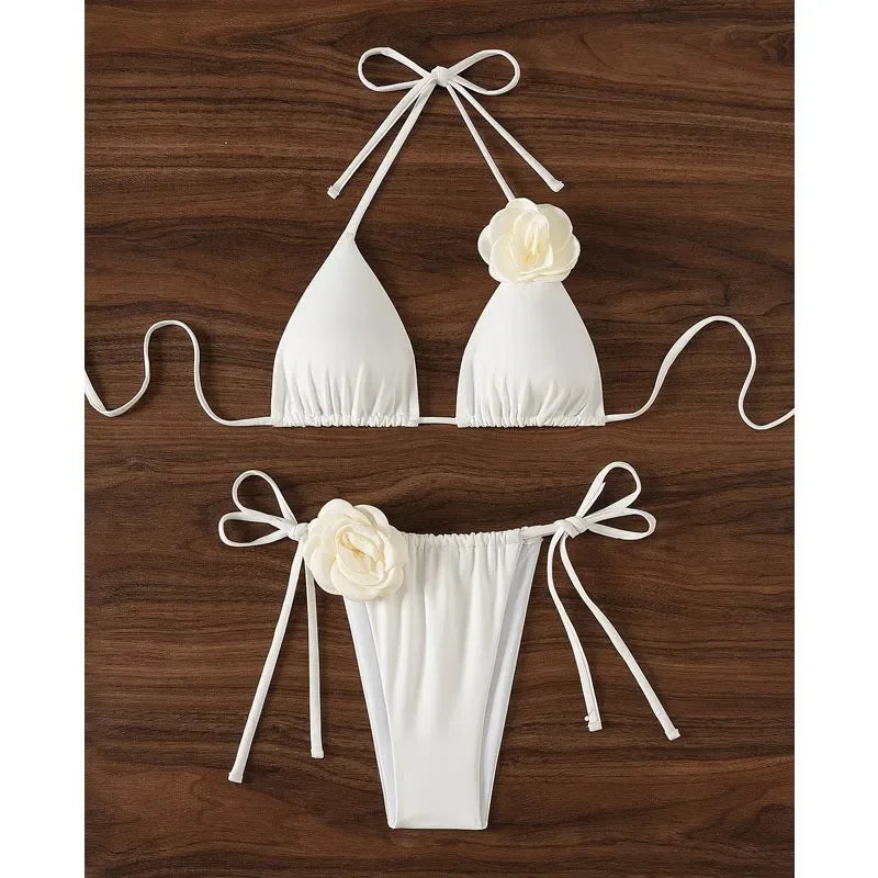 Sexy 3D Flower Black Triangle Bikinis Sets Micro Thong Swimsuit Women String Halter Bathing Suit Bikini 2025 Mujer Biquinis Swim - Sun Studio