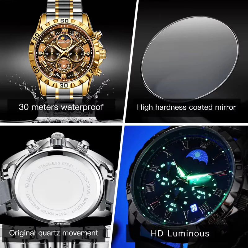 BINBOND Luxury Fashion Men Watches Multi-functional Stainless Steel Original Quartz Wristwatch Moon Phase Chronograph Waterproof - Sun Studio