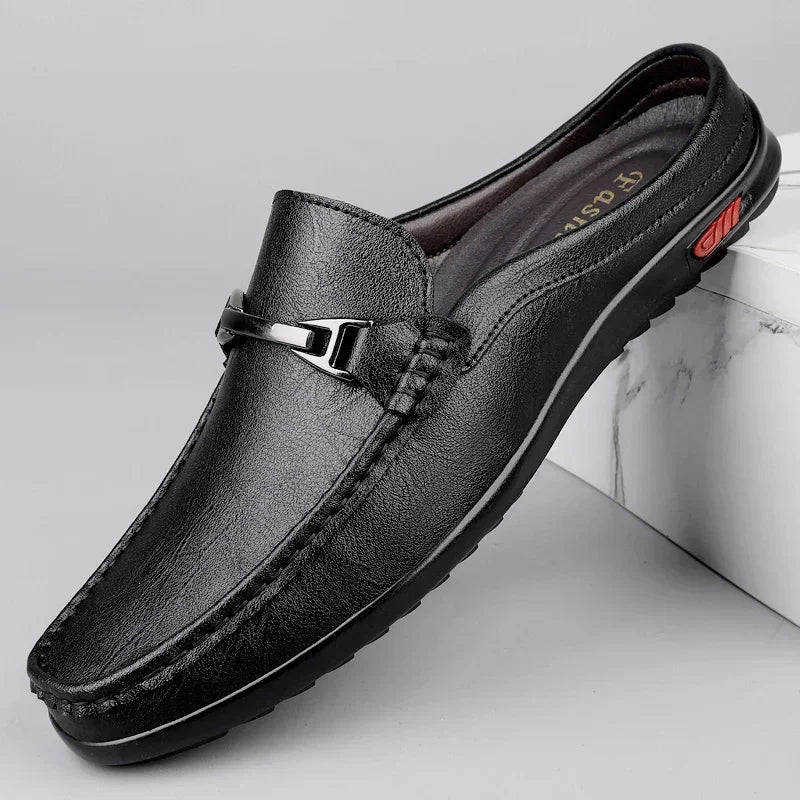Luxury Men Genuine Leather Shoes Casual Business Men Slip-on Shoe All-Match Half Slippers Loafers Summer Handmade Flats Slippers - Sun Studio
