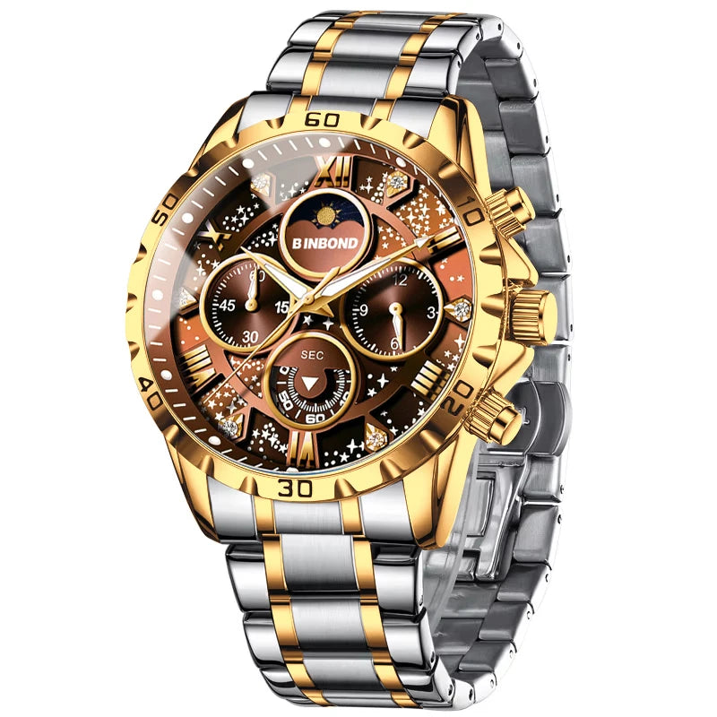 BINBOND Luxury Fashion Men Watches Multi-functional Stainless Steel Original Quartz Wristwatch Moon Phase Chronograph Waterproof - Sun Studio