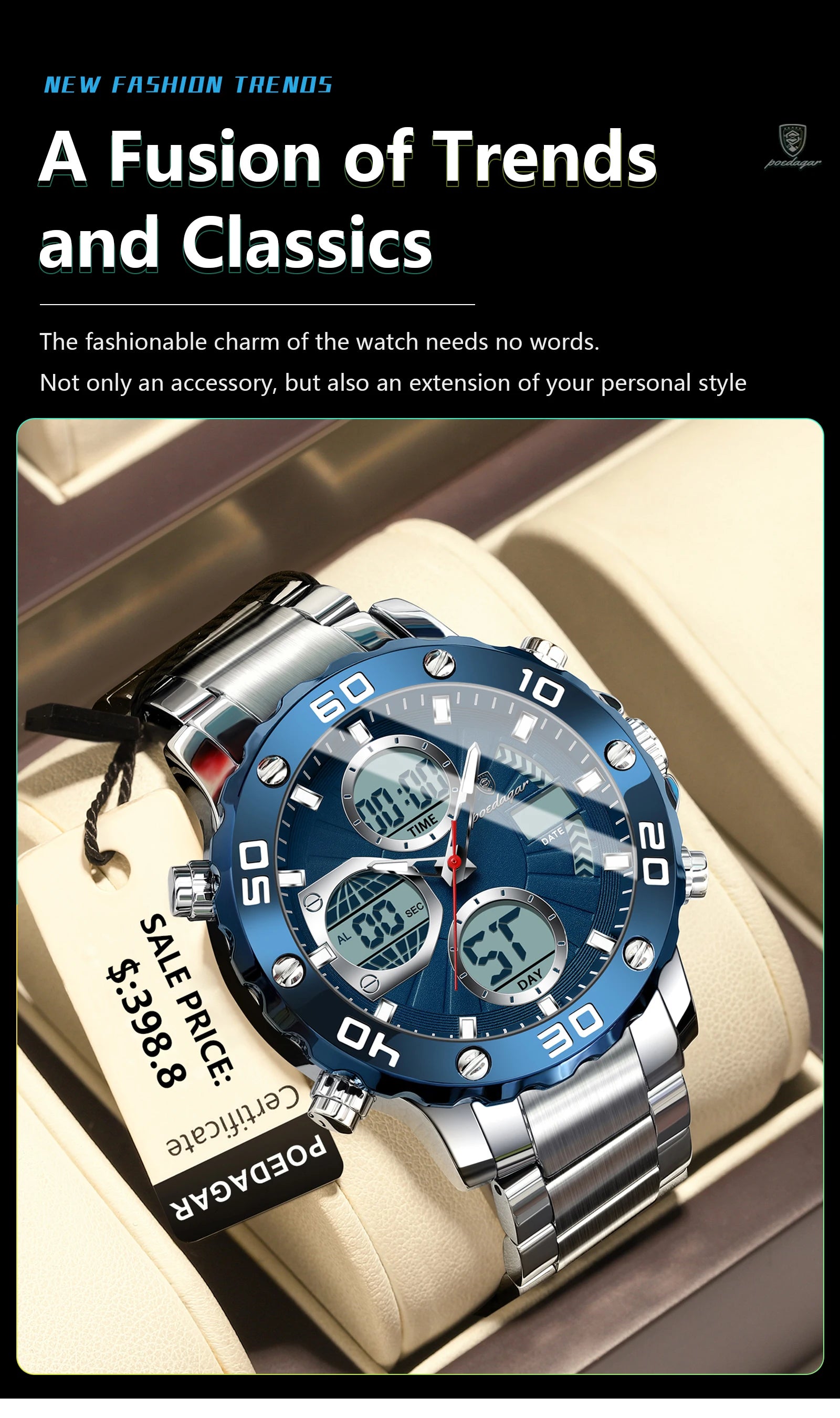 POEDAGAR Military Men's Quartz Wristwatch LED Alarm Dual Display Men Watch Electronic Waterproof Outdoor Sports Watches for Men - Sun Studio