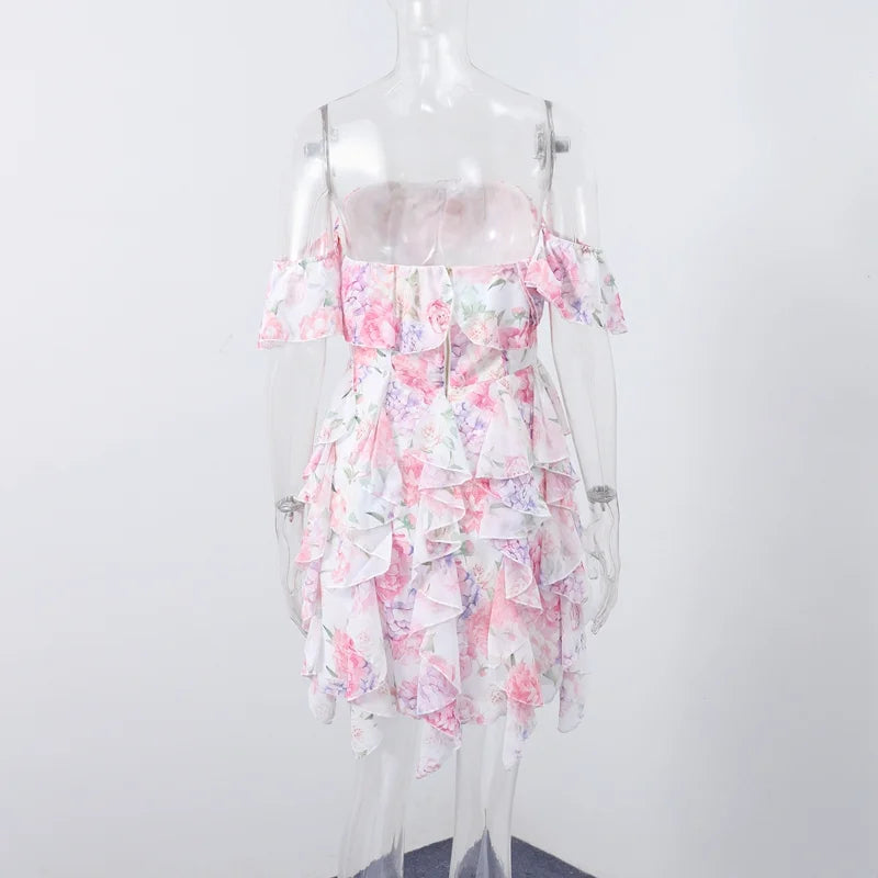 Sexy Flower Print Mini Dresses Women Elegant Ruffles Flared Sleeve Layered V-neck Vestido Female Evening Club Party Outfits 2026 - Sun Studio