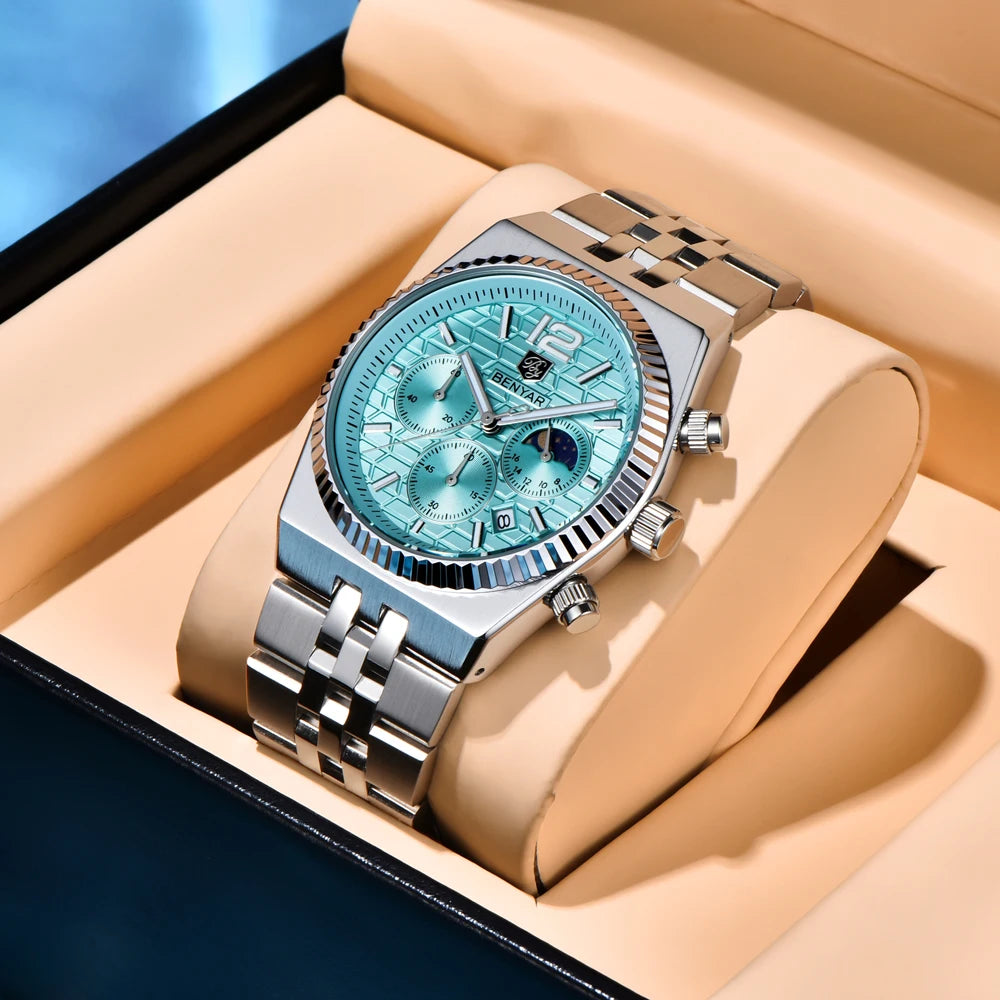 2025 New BENYAR Moon Phase Mens Watches Top Luxury Quartz Chronograph Watch For Men Stainless Steel Waterproof Sports Clock Gift - Sun Studio