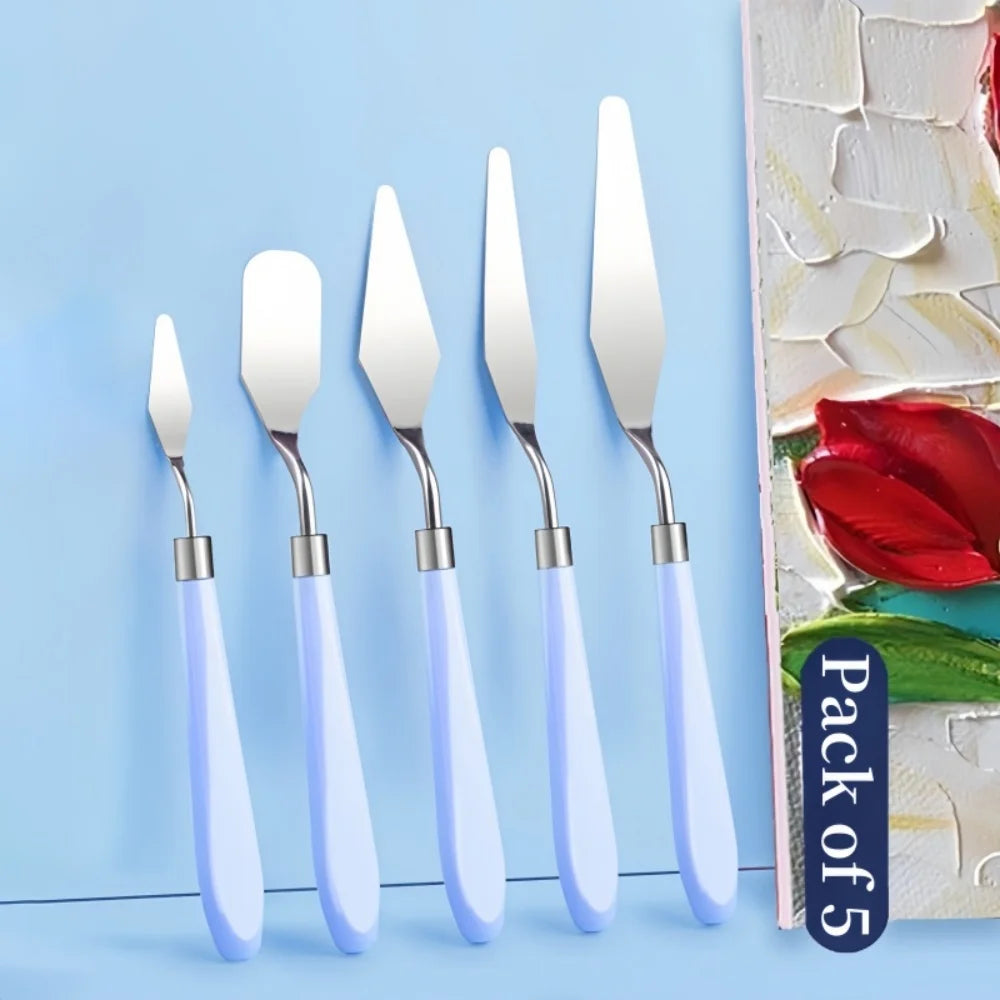 5Pcs Blue Palette Knife Set, Stainless Steel Oil Painting Scrapers, Watercolor Acrylic Paint Mixing Knives, Professional Art - Sun Studio