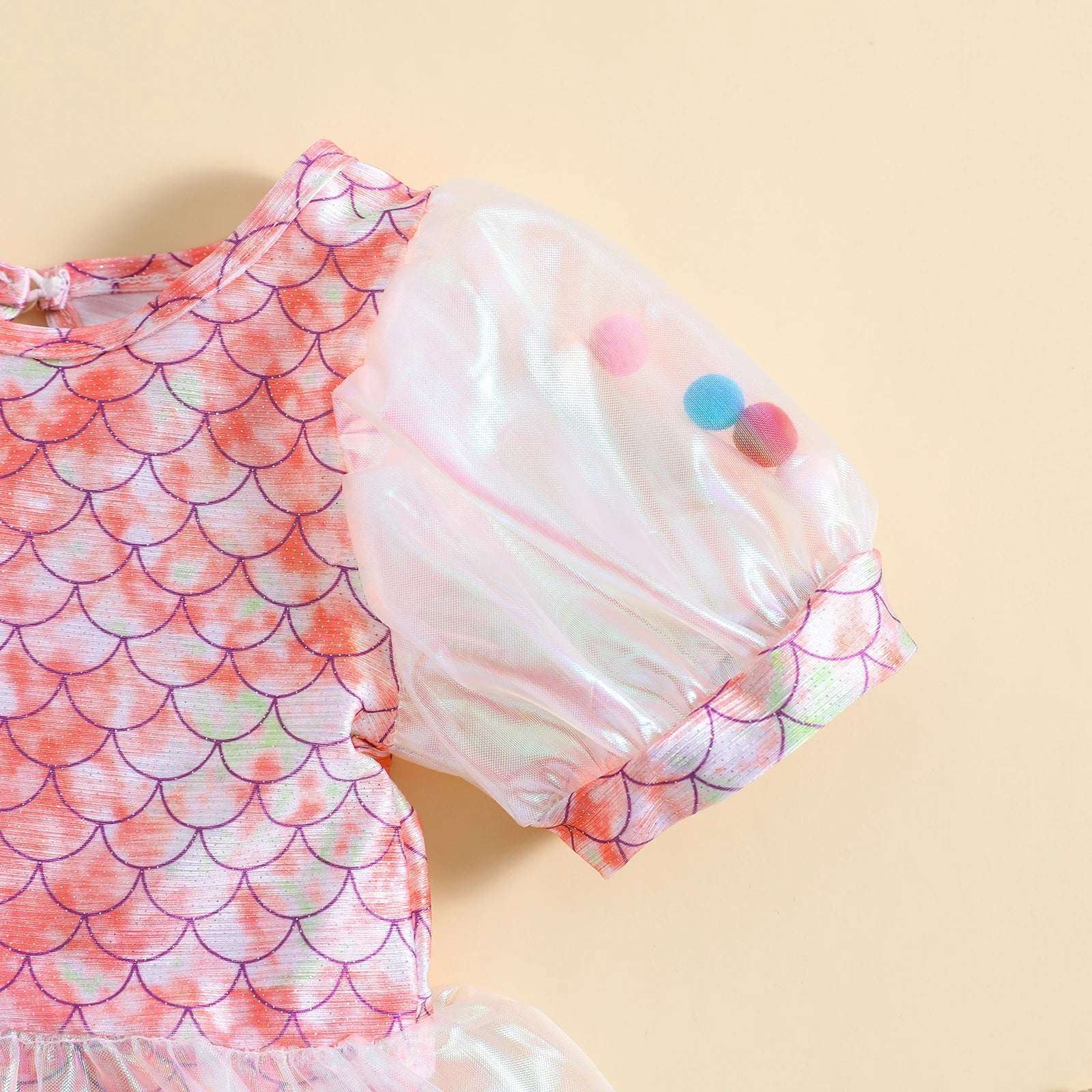 FOCUSNORM 1-5Y Kids Girls Summer Swimsuit Mermaid Skin Printed Mesh Patchwork Short Puff Sleeve Jumpsuits Beachwear - Sun Studio