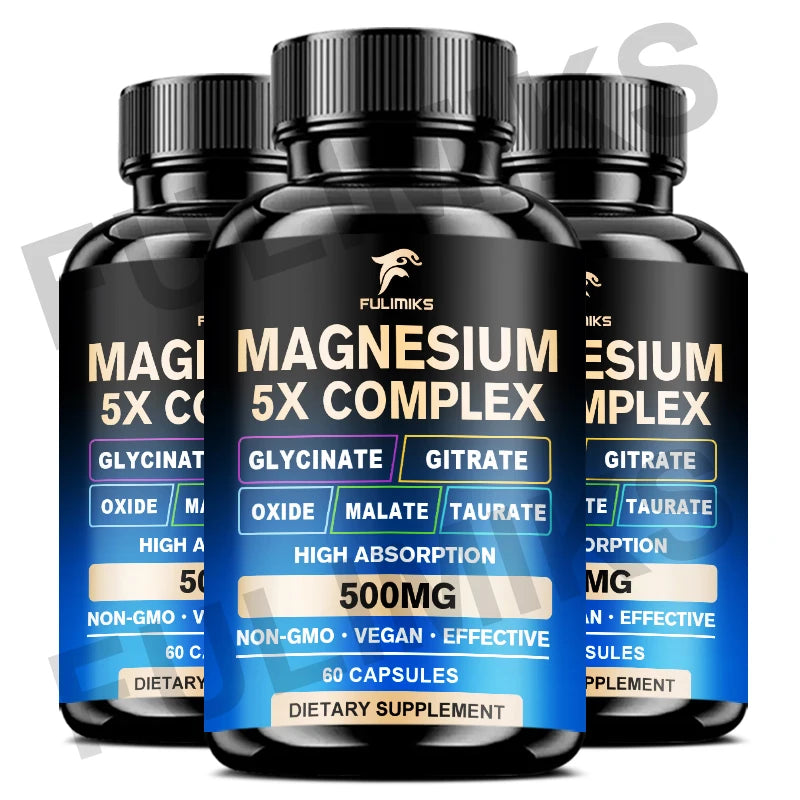 Magnesium Pills Supplement - 5 in 1 Complex, Glycinate, Citrate, Malate, Taurate, Oxide - Stress, Muscle & Heart Support - Sun Studio