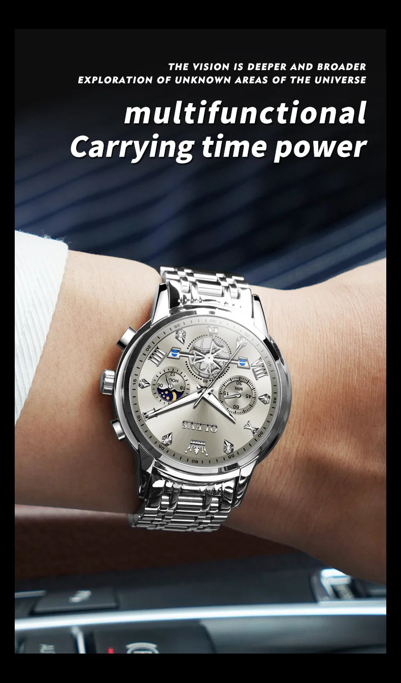 OLEVS Men's Watches Classic Multifunctional Flywheel Design Stainless steel Waterproof Moon Phase Men's Wristwatches 2024 Trend - Sun Studio