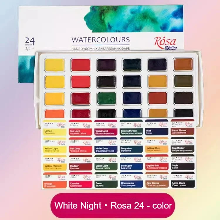 WHITE NIGHT ROSA Solid Watercolor 16/24 Colors Academy Paint Full Block Solid for Fine Arts and Watercolor Painting - Sun Studio