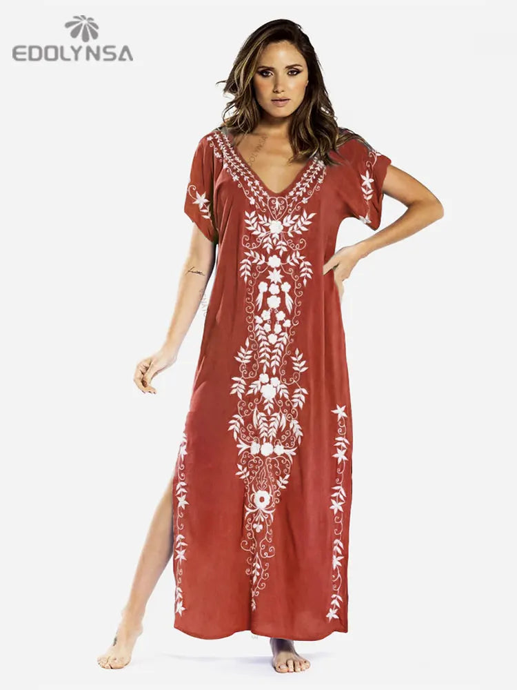 2023 Embroidery Kaftan Beach Cover Up Saida de Praia Swimsuit Women Bikini Cover-ups Tunic for Beach Pareo Sarong Beachwear Q790 - Sun Studio