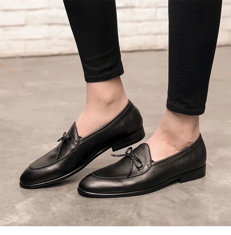 Genuine Leather Men Loafers Handmade Square Toe Butterfly-knot  Solid Handmade  Zapatos De Vestir Hombre - Sun Studio