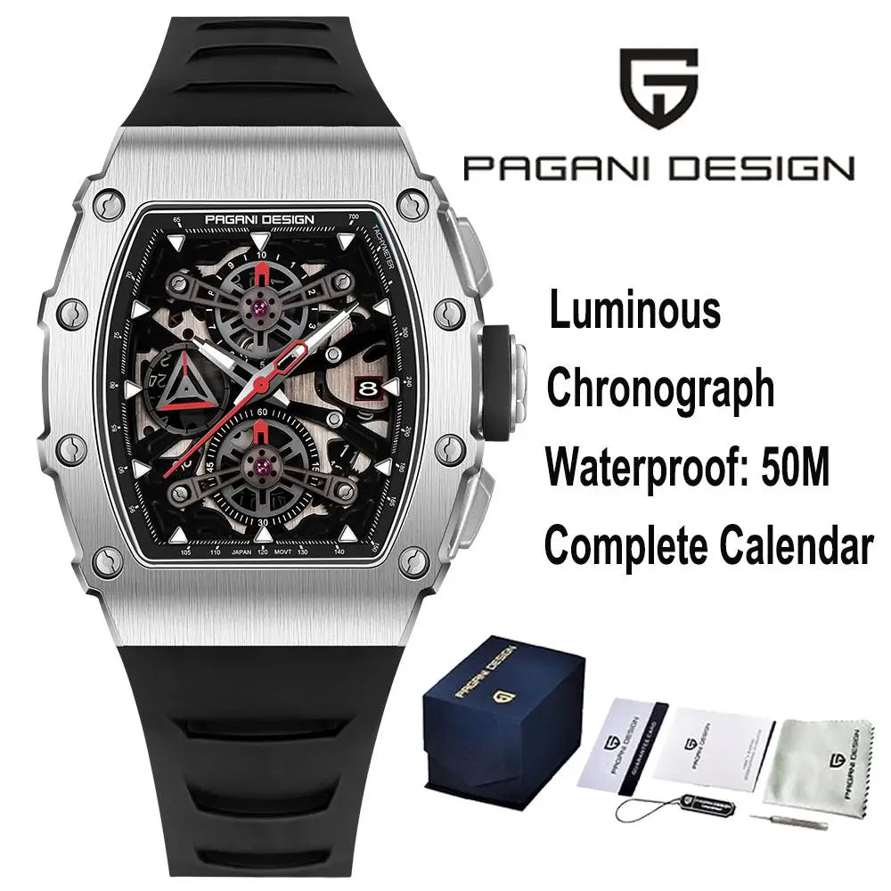 PAGANI DESING Men's Quartz Watches Skeleton Dial 100M Waterproof Sport Rectangle Sapphire glass Watch for Men - Sun Studio