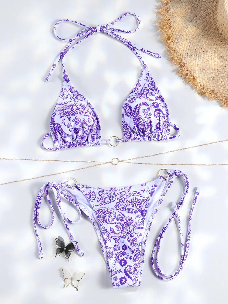 Sexy Triangle Chains Bikini Sets Micro Thongs Swimsuit Women Bathing Suit Biquini Bandage Beachwear Print Swimwear Thong Bikini - Sun Studio