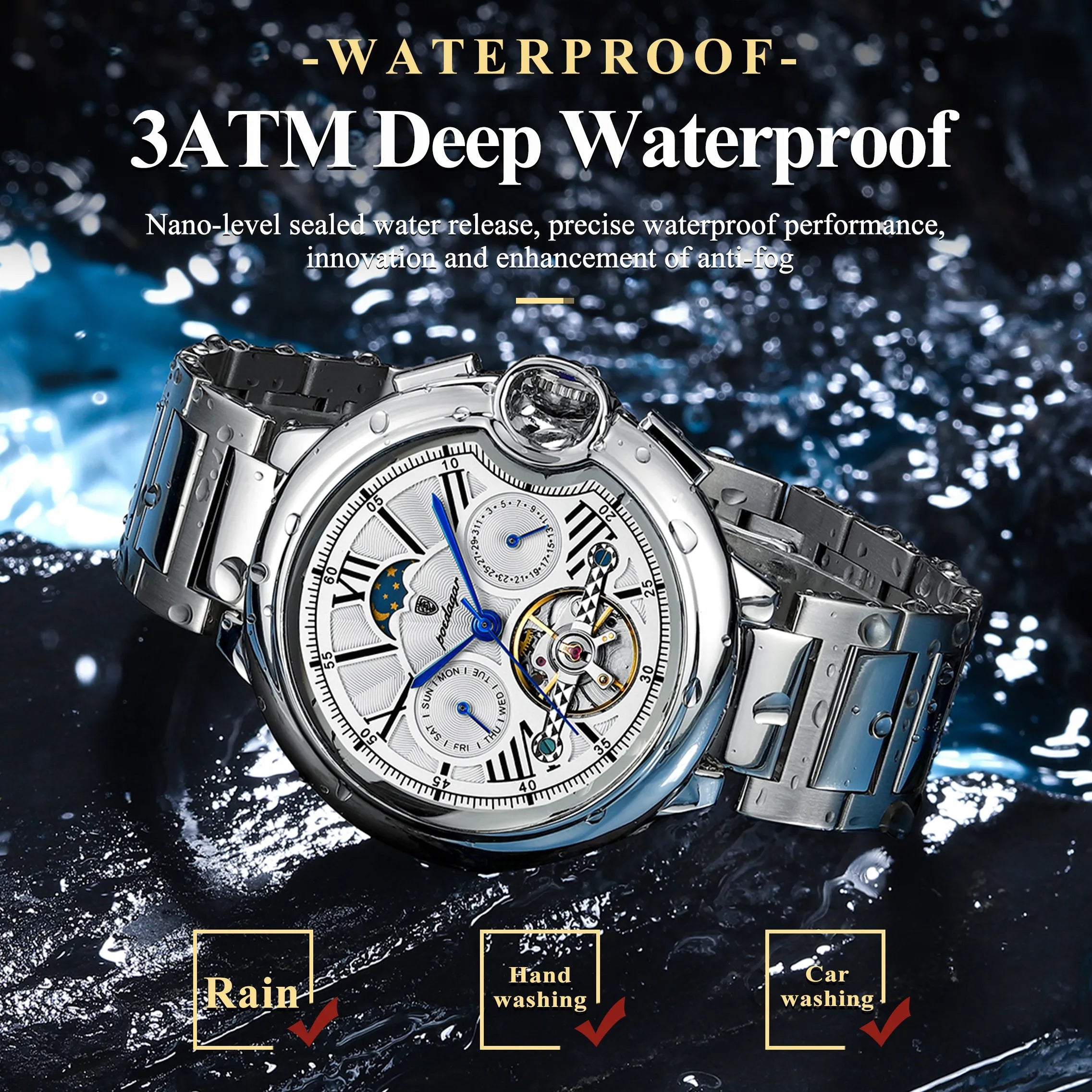 POEDAGAR Luxury Male Watch Business Date Week Stainless Steel Tourbillon Men Clock Waterproof Automatic Mechanical Men's Watches - Sun Studio